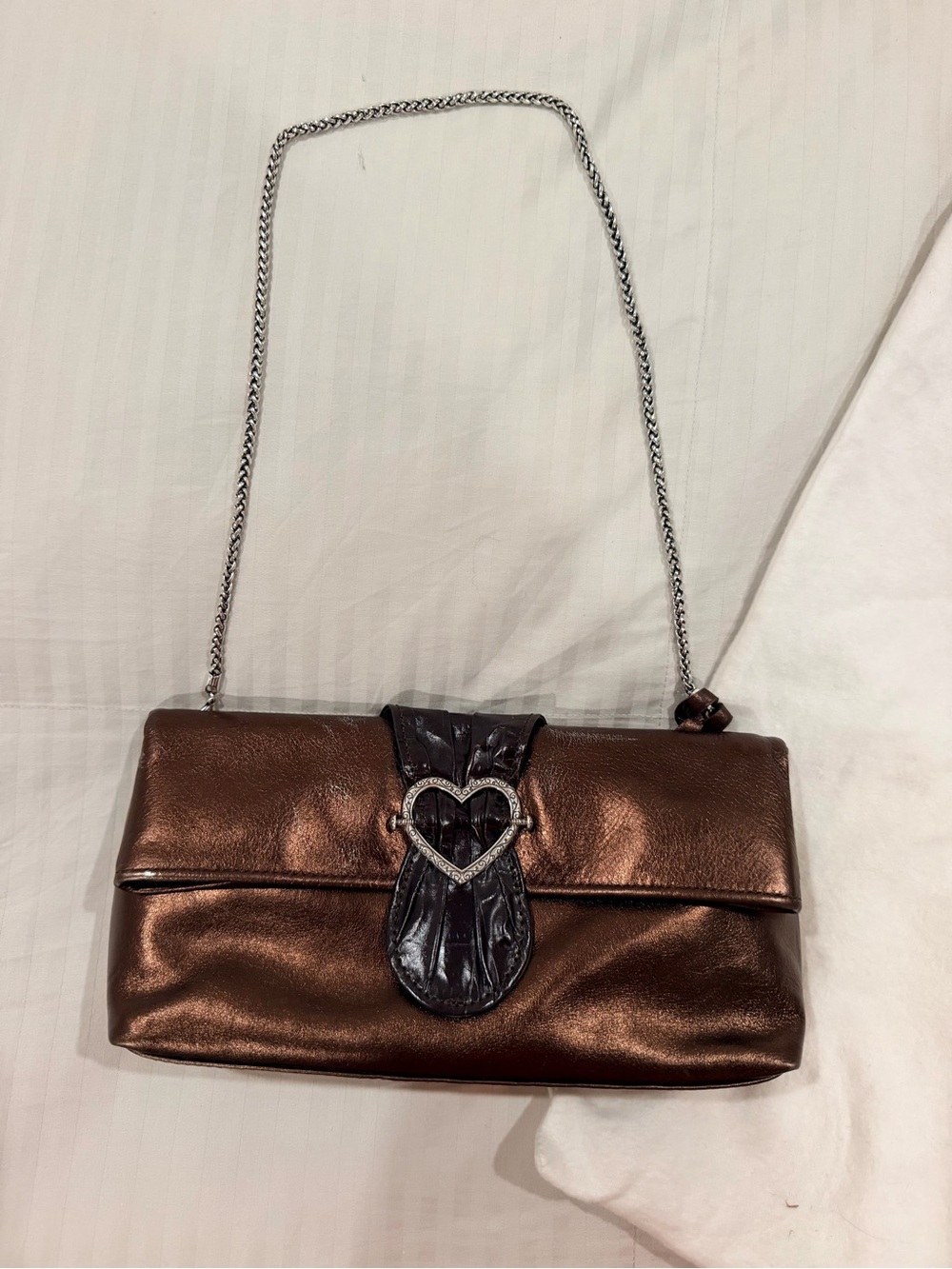 Brighton Metallic Bronze Clutch Shoulder Bag with Heart Buckle